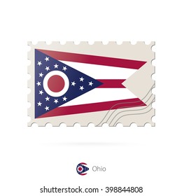Postage stamp with the image of Ohio state flag. Ohio Flag Postage on white background with shadow. Vector Illustration.