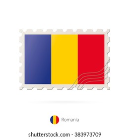 Postage stamp with the image of Romania flag. Romania Flag Postage on white background with shadow. Vector Stamp. Postage stamp and Romania flag. Vector Illustration.