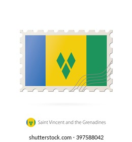 Postage stamp with the image of Saint Vincent and the Grenadines flag. Saint Vincent and the Grenadines Flag Postage on white background with shadow. Vector Illustration.