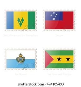 Postage stamp with the image of Saint Vincent and the Grenadines, Samoa, San Marino, Sao Tome and Principe. Vector Illustration.