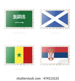 Postage stamp with the image of Saudi Arabia, Scotland, Senegal, Serbia flag.Postage on white background with shadow. Vector Illustration.
