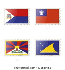 Postage stamp with the image of Sint Maarten, Taiwan, Tibet, Tokelau flag. Vector Illustration.