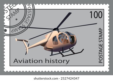 Carimbo com a imagem de um pequeno helicóptero. Vetor.