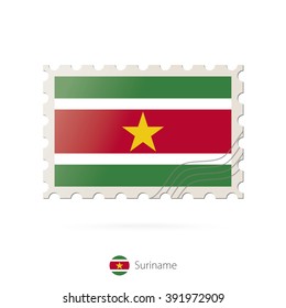 Postage stamp with the image of Suriname flag. Suriname Flag Postage on white background with shadow. Vector Illustration.