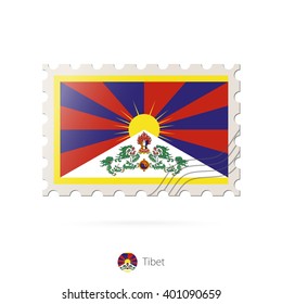 Postage stamp with the image of Tibet flag. Tibet Flag Postage on white background with shadow. Vector Illustration.