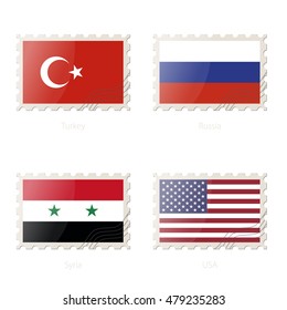 Postage stamp with the image of Turkey, Russia, Syria, USA  flag. Vector Illustration.