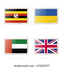 Postage stamp with the image of Uganda, Ukraine, United Arab Emirates, United Kingdom flag. Vector Illustration.