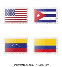 Postage stamp with the image of USA, Cuba, Venezuela, Colombia flag. Vector Illustration.