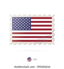 Postage stamp with the image of USA flag. USA Flag Postage on white background with shadow. Vector Illustration.