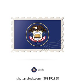 Postage stamp with the image of Utah state flag. Utah Flag Postage on white background with shadow. Vector Illustration.