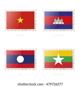 Postage stamp with the image of Vietnam, Cambodia, Laos, Myanmar flag. Vector Illustration.