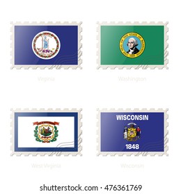 Postage stamp with the image of Virginia, Washington, West Virginia, Wisconsin State Flag. Vector Illustration.