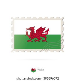 Postage stamp with the image of Wales flag. Wales Flag Postage on white background with shadow. Vector Illustration.