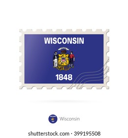 Postage stamp with the image of Wisconsin state flag. Wisconsin Flag Postage on white background with shadow. Vector Illustration.