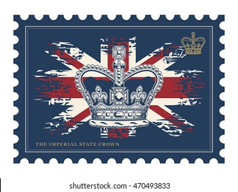 Postage Stamp With Imperial State Crown On UK Flag Background. Isolated On White.