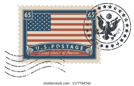 Postage stamp with inscriptions and image of the American flag. Vector illustration of USA stamp with a scratched print.