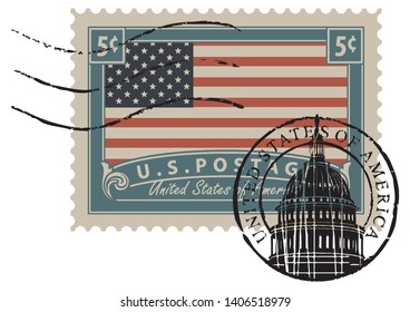 Postage stamp with inscriptions and the image of the American flag in retro style. Vector illustration of a USA stamp with a postmark in the form of the famous Capitol dome