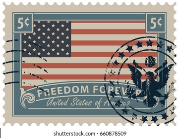 Postage stamp with inscriptions and image of the American flag. Vector illustration of a 5-cent USA stamp with a scratched print.