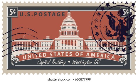 Postage stamp with inscriptions and the image of the US Capitol in Washington DC. Vector illustration Capitol Building in Washington