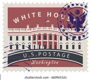 Postage stamp with inscriptions and the image of the US Capitol in Washington DC. Vector illustration White house in Washington with rubber stamp.