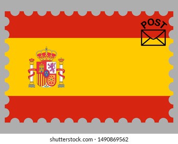 Postage stamp isolated on background with Beautiful national flag of Kingdom of Spain. original colors and proportion. Simply vector illustration eps10, from countries flag set.