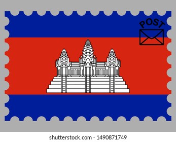 Postage stamp isolated on background with National flag of Kingdom of Cambodia . original colors and proportion. Simply vector illustration, from countries flag set.