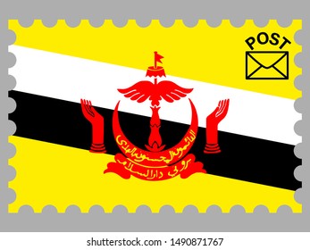 Postage stamp isolated on background with National flag of Nation of Brunei, the Abode of Peace . original colors and proportion. Simply vector illustration, from countries flag set.