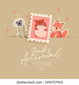 Postage stamp isolated on brown paper background with cute baby animals : gibbon, hamster and wolf : Vector Illustration