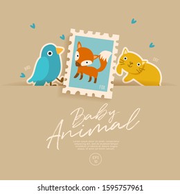 Postage stamp isolated on brown paper background with cute baby animals : bird, fox and cat : Vector Illustration