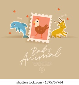 Postage stamp isolated on brown paper background with cute baby animals : dolphin, cock and antelope : Vector Illustration