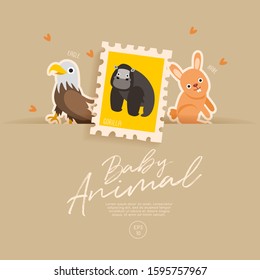 Postage stamp isolated on brown paper background with cute baby animals : eagle, gorilla and hare : Vector Illustration