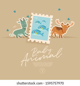 Postage stamp isolated on brown paper background with cute baby animals : elk, fish and goat : Vector Illustration
