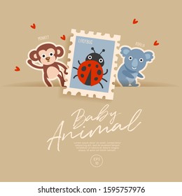 Postage stamp isolated on brown paper background with cute baby animals : monkey, ladybug and koala : Vector Illustration