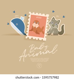 Postage stamp isolated on brown paper background with cute baby animals : whale, walrus and wolf : Vector Illustration