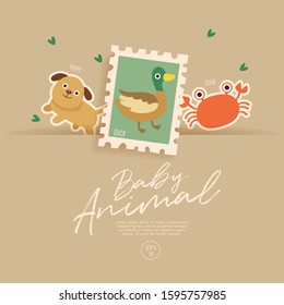 Postage stamp isolated on brown paper background with cute baby animals : dog, duck and crab : Vector Illustration