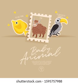 Postage stamp isolated on brown paper background with cute baby animals : yellow tang, yak and hornbill : Vector Illustration