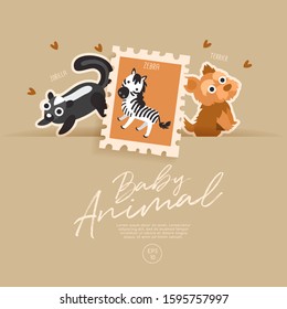 Postage stamp isolated on brown paper background with cute baby animals : dog, duck and crab : Vector Illustration