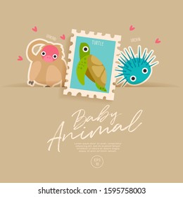 Postage stamp isolated on brown paper background with cute baby animals : turtle, uakari and urchin : Vector Illustration