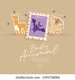 Postage stamp isolated on brown paper background with cute baby animals : vicuna, vampire bat and vervet monkey : Vector Illustration