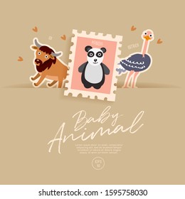 Postage stamp isolated on brown paper background with cute baby animals : ox, panda and ostrich : Vector Illustration