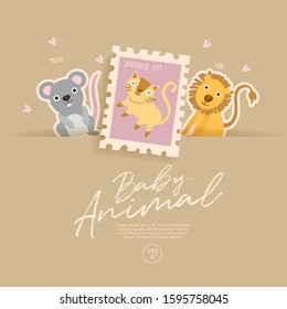 Postage stamp isolated on brown paper background with cute baby animals : mouse, javanese cat and lion : Vector Illustration