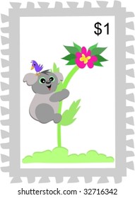 Postage Stamp of Koala Bear and Bird Vector