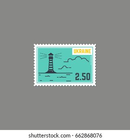 Sello de rehenes con faro. Vistas al mar o al océano con olas y nubes. Sello postal Rectángulo con perforación. Línea plana con ilustraciones vectoriales modernas con colores retro. Para postales postales.