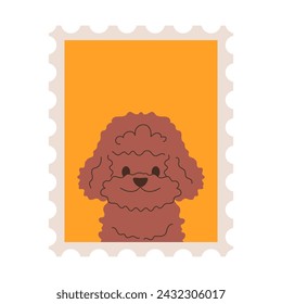 Postage stamp with maltipoo dog vector flat illustration. Sticker for notebook, planner, scrapbook.