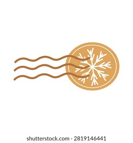 Postage stamp mark icon with snowflake graphic and wavy post lines isolated on white background. Winter postal seal vector illustration