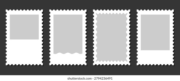 Postage stamp mockup collection featuring blank postal frames, vintage mailing templates, and perforated stamp borders. Ideal for branding presentations, postal themes, travel souvenirs, philately projects, packaging design, invitations, labels, and commercial graphic applications.