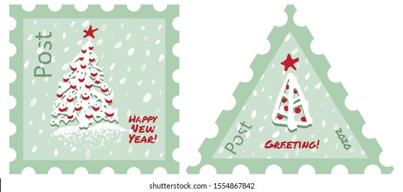 Postage Stamp Modern sketch with trendy stylized christmas tree Isolated on background for winter holiday decoration design. Snowy forest. Vintage style, flat color Abstract concept vector graphic