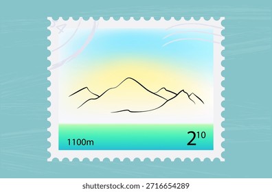 Postage stamp with a mountain outline, stamp mark, and price. Sunset or sunrise on a paper stamp. Philately, letter, postal correspondence with an ink stamp. Mountain scene. Vector illustration.