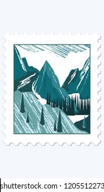 Postage Stamp - Mountains - minimalism, flat style isolated on white background - vector