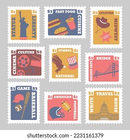 Postage stamp with national usa country element. Template america postmark set, vector illustration. United states with flat decoration, liberty statue, culture, cinema and baseball game